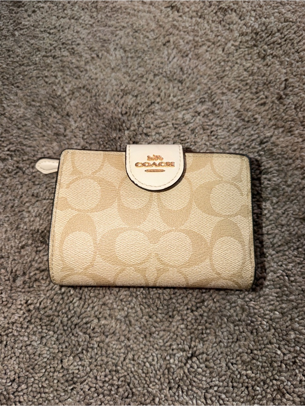 Coach Beige and Cream Signature Canvas Wallet with Gold Logo